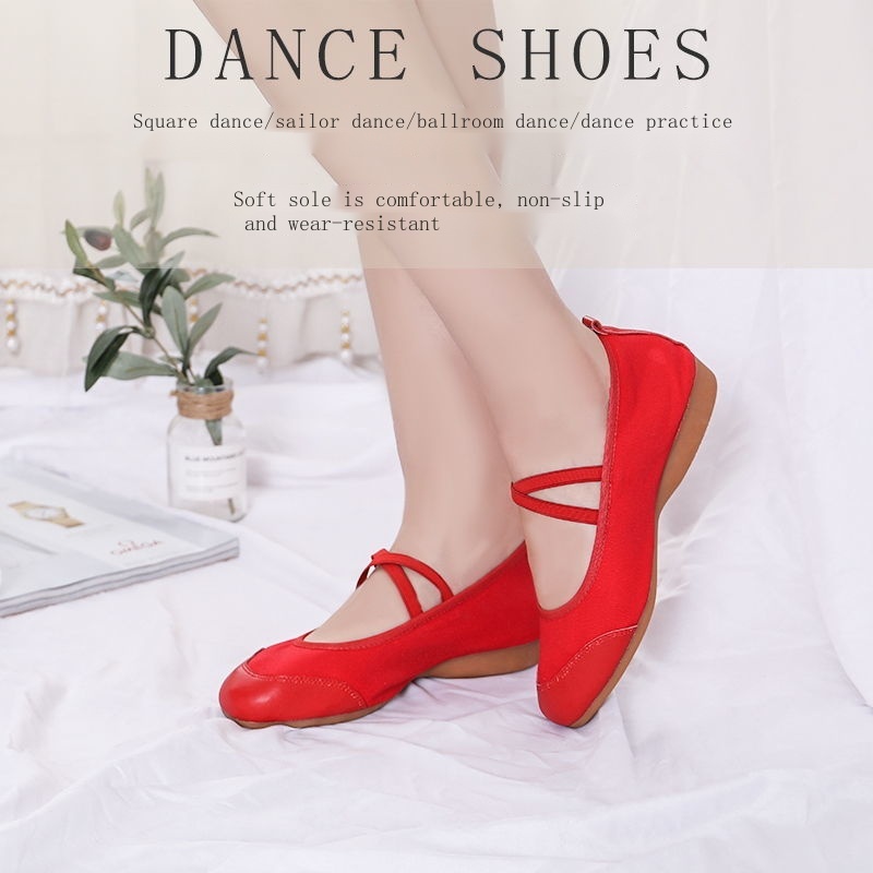 Giày Múa Mũi Vuông Bằng Da Thật Đế Mềm Cho Phụ Nữ Trung Niên