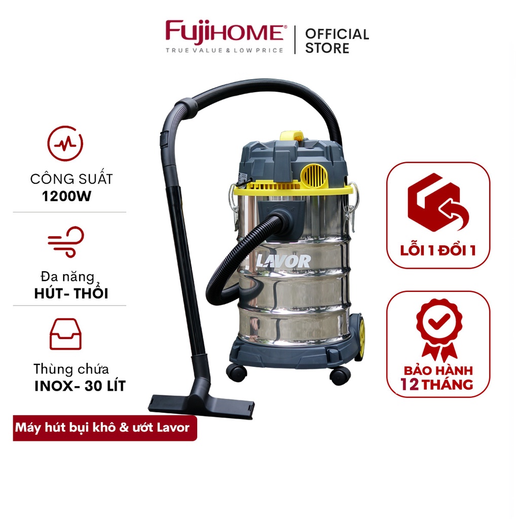 Máy hút thổi bụi khô và ướt Lavor Dozzy (Italia) 1200W nhập khẩu đa năng thùng Inox 30L cao cấp- Tặng kèm phụ kiện