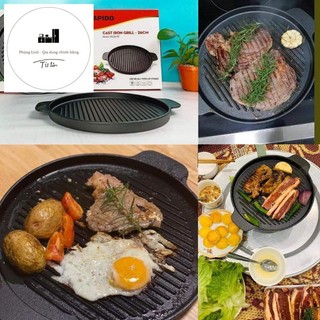 Chảo nướng tròn gang đúc nguyên khối Rapido chính hãng dùng trên mọi bếp, nướng đồ ăn siêu ngon siêu chất