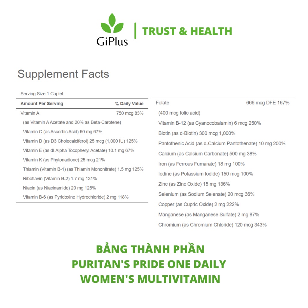Viên Uống Puritan’s Pride One Daily Women’s Multivitamin Bổ Sung Vitamin Tổng Hợp Dành Cho Nữ Giới