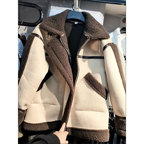 Áo Khoác Da Lộn Lót Lông Xù 2 Màu Dáng Rộng