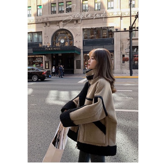 Áo Khoác Da Lộn Lót Lông Xù 2 Màu Dáng Rộng