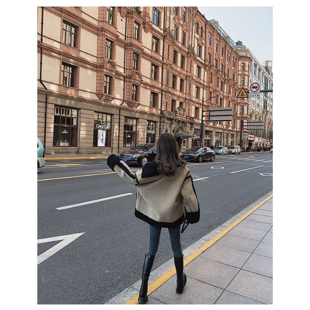 Áo Khoác Da Lộn Lót Lông Xù 2 Màu Dáng Rộng