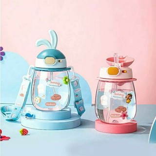Bình nước trẻ em, bình nước học sinh tai thỏ hokori có quai và vòi hút 0083 gdmp