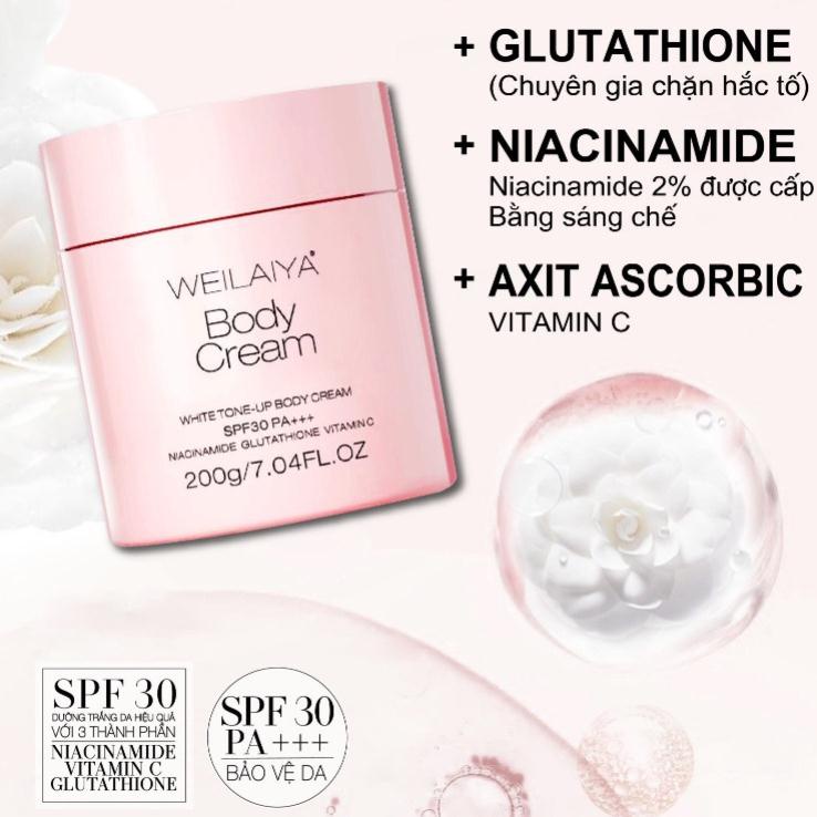 Kem body kích trắng Weilaiya White Tone-up Body Cream giúp dưỡng trắng hiệu quả và nâng tone da, SPF30 da không bắt nắng