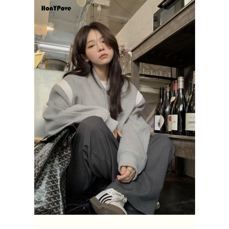 Honypove Màu Sắc Áo Khoác Bóng Chày Bằng Len Thời Trang Thu Đông 2023