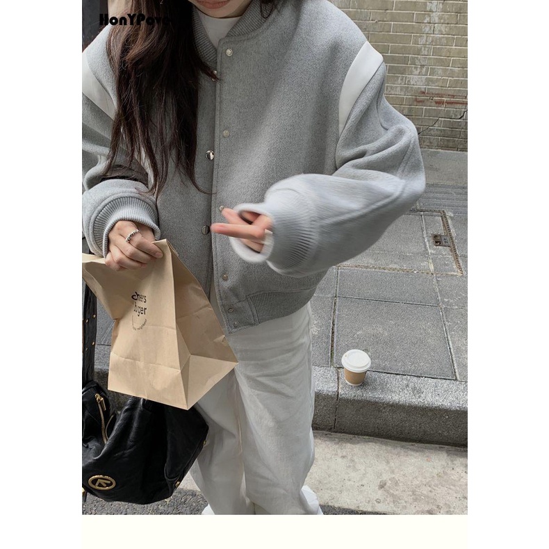 Honypove Màu Sắc Áo Khoác Bóng Chày Bằng Len Thời Trang Thu Đông 2023
