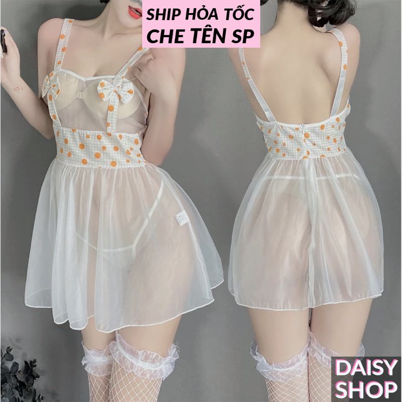 Váy ngủ xuyên thấu họa tiết chấm bi gợi cảm - đầm ngủ 2 dây sexy phong cách tiểu thư