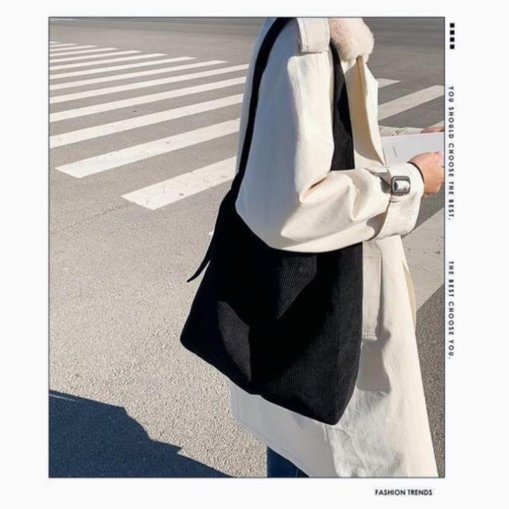 Túi đeo chéo, Túi tote vải nhung tăm sọc gân nam nữ unisex đi học đi chơi đựng sách A4, laptop 14inch TX101