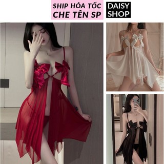  Váy ngủ ren lưới đính nơ mở ngực xuyên thấu gợi cảm - đầm ngủ 2 dây kèm quần lót lọt khe 