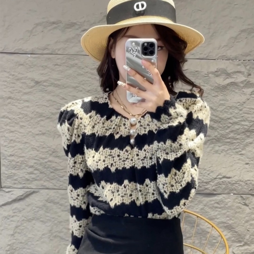 Áo Thun Tay Dài Cổ Tròn Họa Tiết Kẻ Sọc Ngang Phong Cách Hàn Quốc Thời Trang Mùa Thu 2023 Mới Cho Nữ