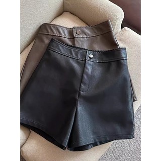 Jiashucheng Quần Short Da pu Đen Dáng Chữ a Lưng Cao Mặc Ngoài Trời Mùa Thu Đông Châu Âu Cho Nữ
