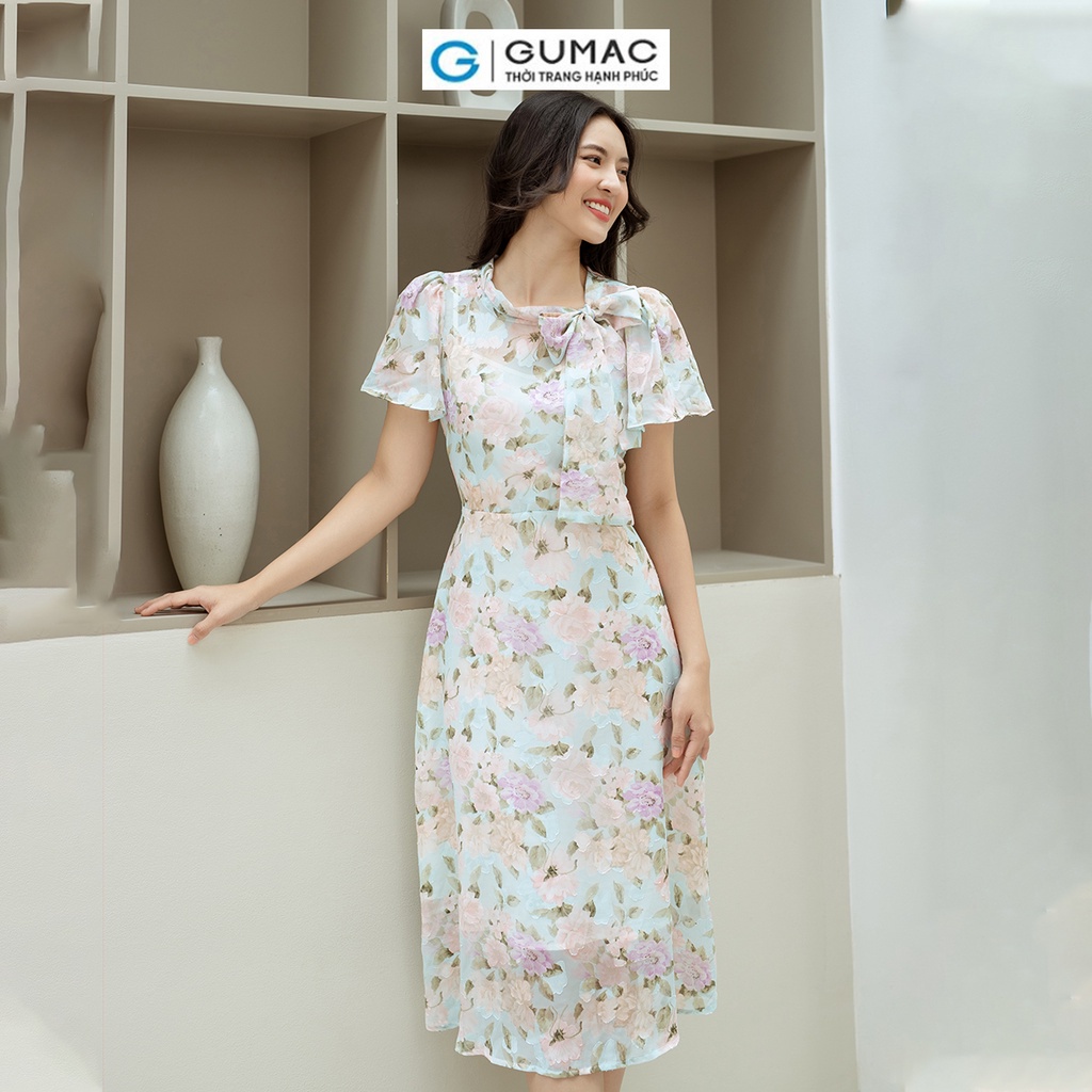 Đầm hoa nữ dáng dài phối nơ cổ GUMAC DD09049