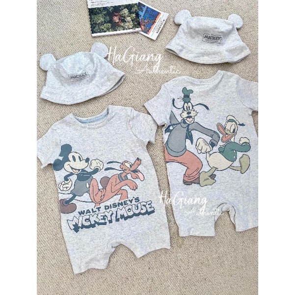 Set body romper kèm mũ bé trai/bé gái cộc tay Mickey George UK
