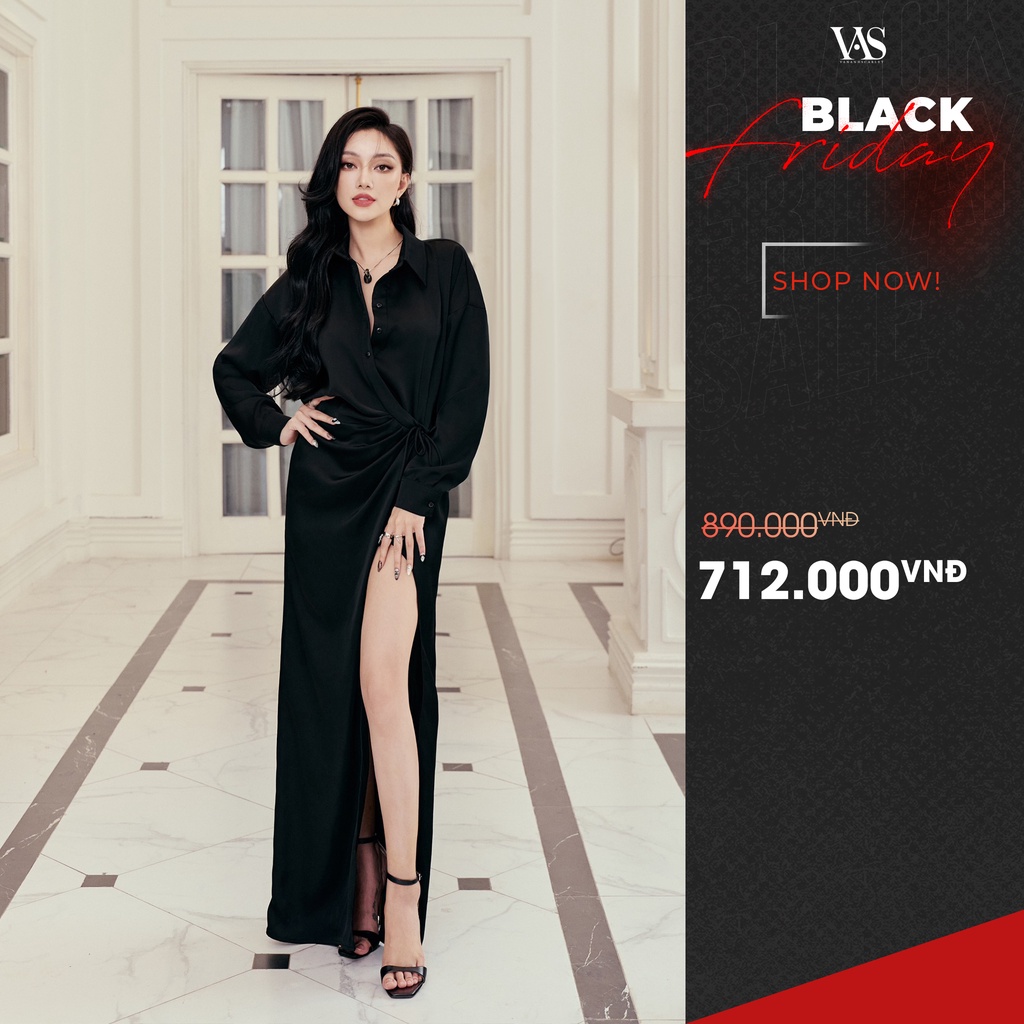 [ BLACK FRIDAY ] Đầm nữ VANANHSCARLET lụa xẻ đùi buộc dây V057S23