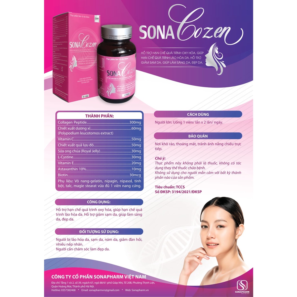 Viên Uống Bổ Sung Collagen Giảm Sạm Da Giảm Da Nhăn Làm Sáng Da Đẹp Da SonaCozen - Hộp 30 viên