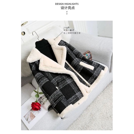 Áo Khoác Dạ Kẻ Đen Đỏ Lót Lông Dày Khóa Kéo