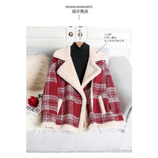 Áo Khoác Dạ Kẻ Đen Đỏ Lót Lông Dày Khóa Kéo
