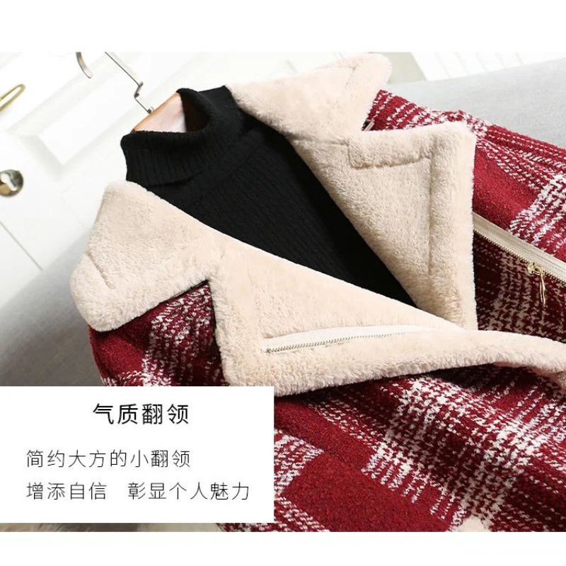 Áo Khoác Dạ Kẻ Đen Đỏ Lót Lông Dày Khóa Kéo