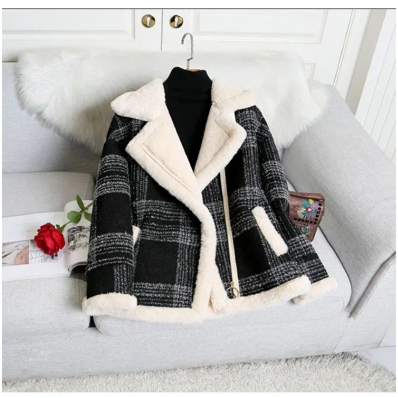 Áo Khoác Dạ Kẻ Đen Đỏ Lót Lông Dày Khóa Kéo