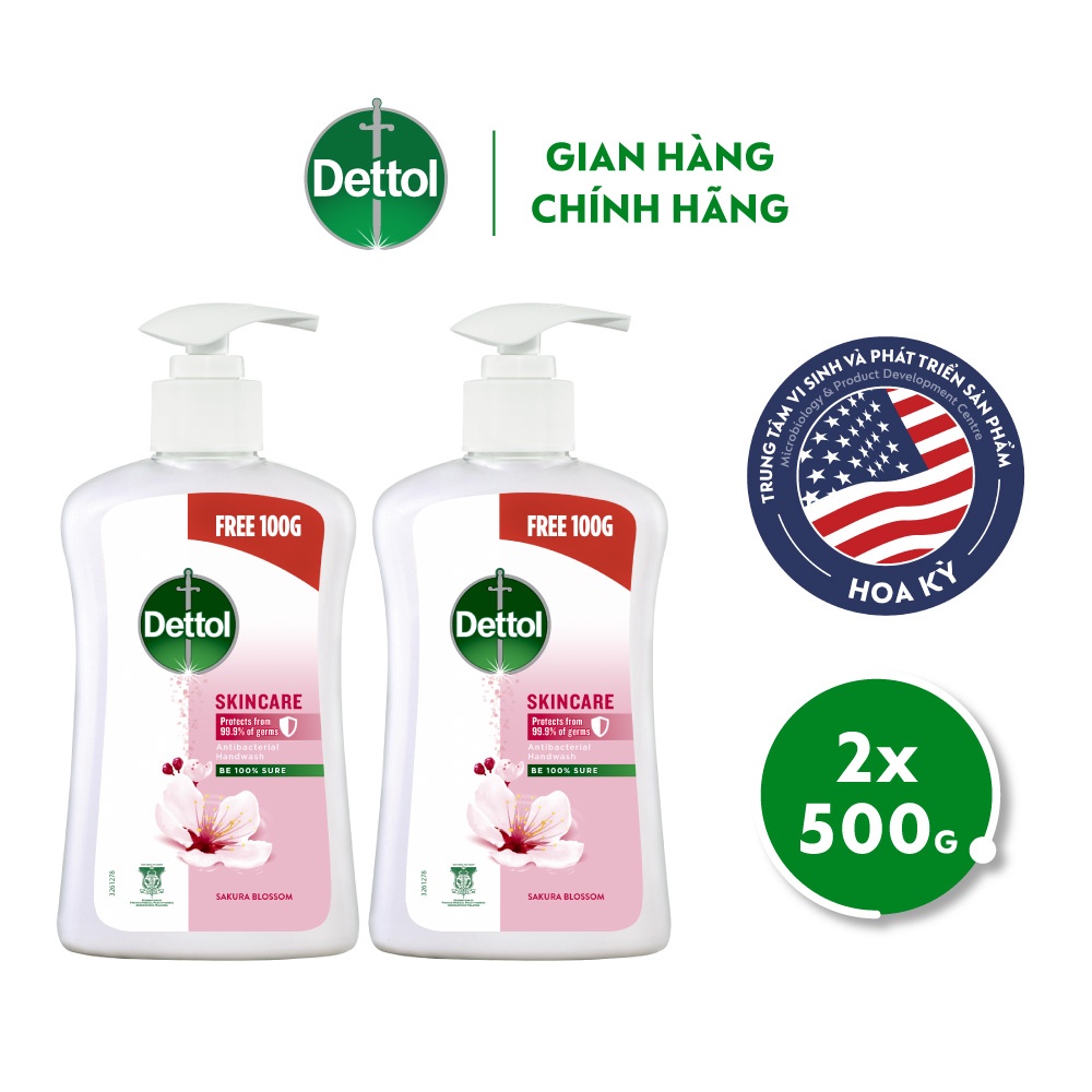 Combo 2 chai nước rửa tay Dettol kháng khuẩn chăm sóc da - Chai 500G