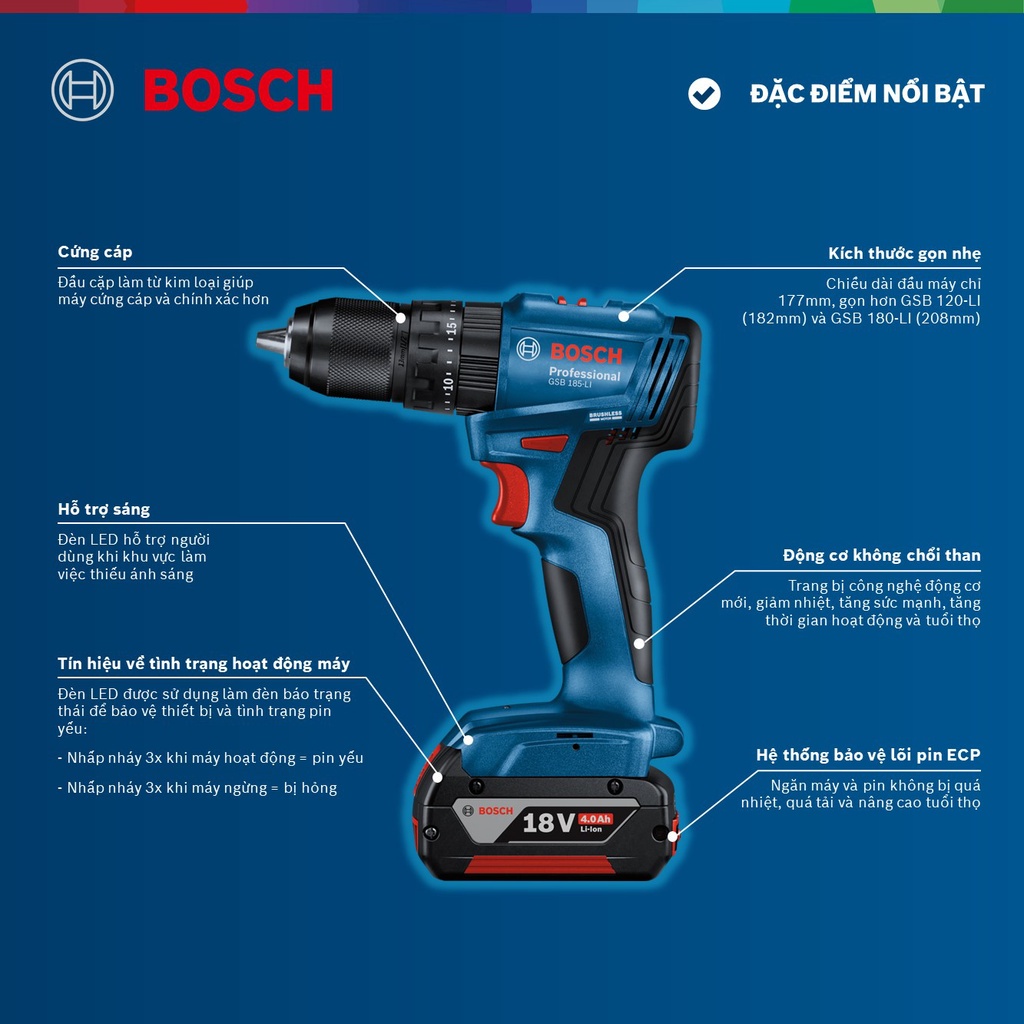 Máy khoan động lực dùng pin Bosch GSB 185-LI + Phụ kiện