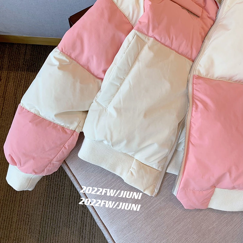 Áo Khoác Phao Cổ Đứng Họa Tiết Kẻ Sọc Màu Hồng Và Trắng Tương Phản Thời Trang Thu Đông 2023 Cho Nữ