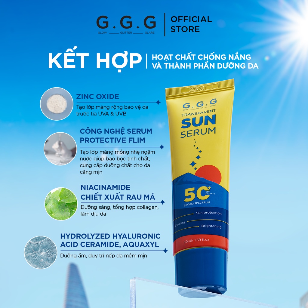 Combo 2 Kem Chống Nắng dạng Serum Chống Nắng Phổ Rộng Dưỡng Da GGG Transparent Sun Serum SPF50+/PA++++ 50ml