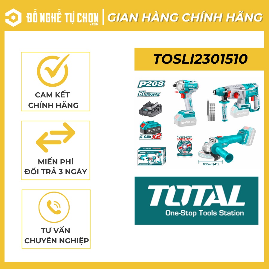 BỘ COMBO 3 MÁY GỒM KHOAN ĐỘNG LỰC TRHLI20228, MÀI GÓC TAGLI20107 VÀ SIẾT VÍT TIRLI2017 DÙNG PIN 20V TOTAL