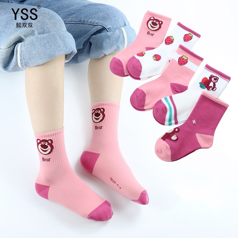 Set 5 đôi tất cotton Gấu Dâu Hồng Bé Gái cổ cao sợi bông mềm mại thoáng khi khử mùi Softie te25