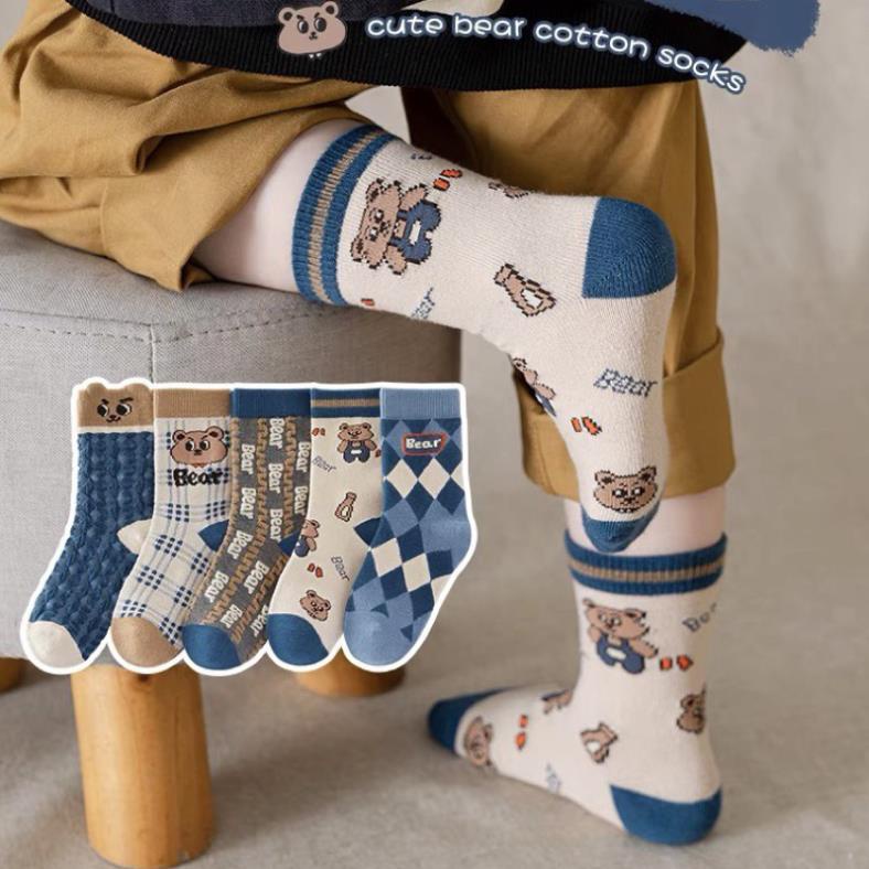 Set 5 đôi tất cotton gấu xanh chữ bé trai , gái sợi bông mềm mại thoáng khi khử mùi Softie te34
