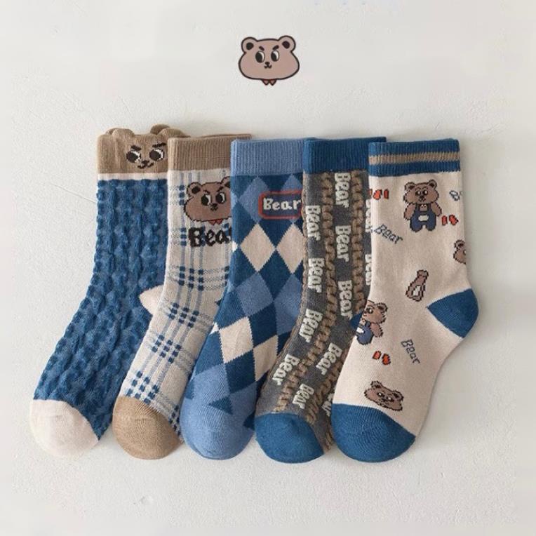 Set 5 đôi tất cotton gấu xanh chữ bé trai , gái sợi bông mềm mại thoáng khi khử mùi Softie te34