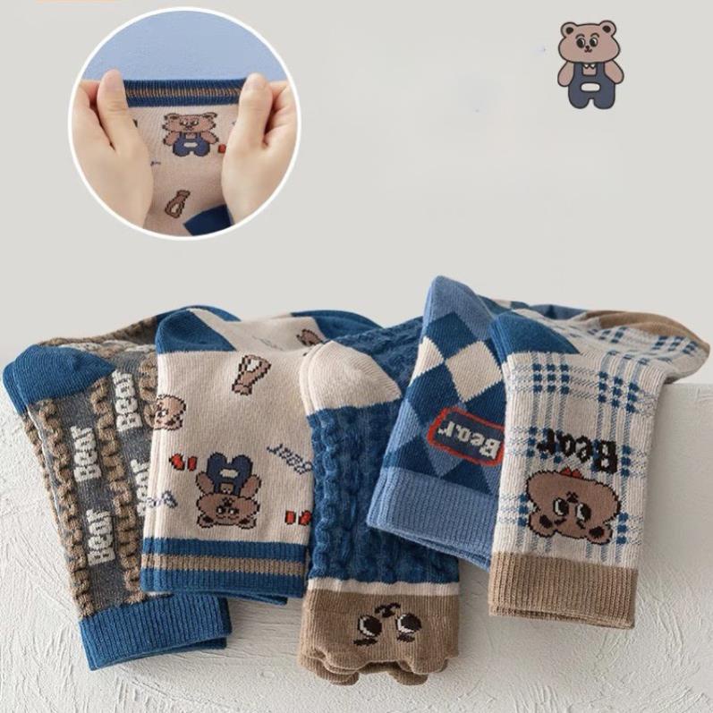 Set 5 đôi tất cotton gấu xanh chữ bé trai , gái sợi bông mềm mại thoáng khi khử mùi Softie te34