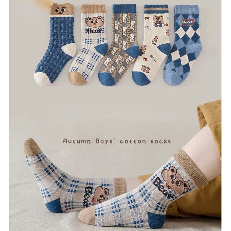 Set 5 đôi tất cotton gấu xanh chữ bé trai , gái sợi bông mềm mại thoáng khi khử mùi Softie te34