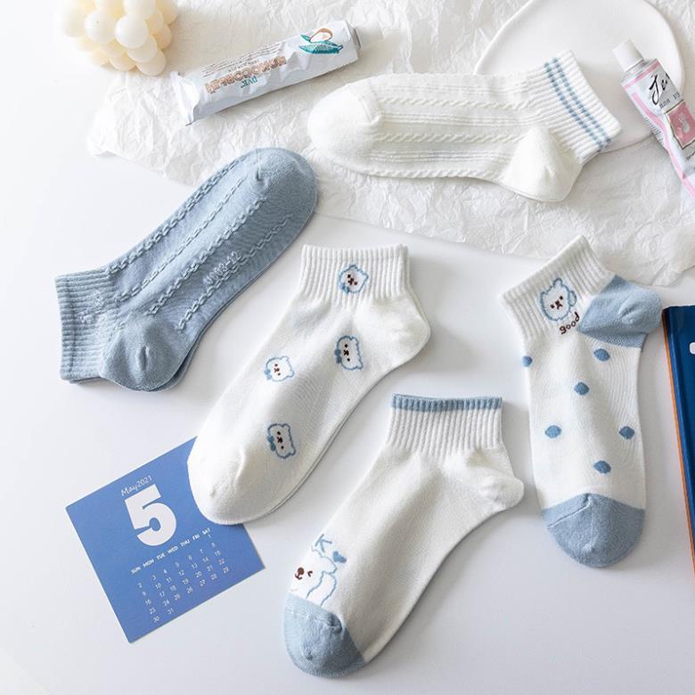 Set 5 Đôi Tất dệt kim xanh trắng hình cún Phong Cách Hàn Quốc Mẫu Myna Bra tt31