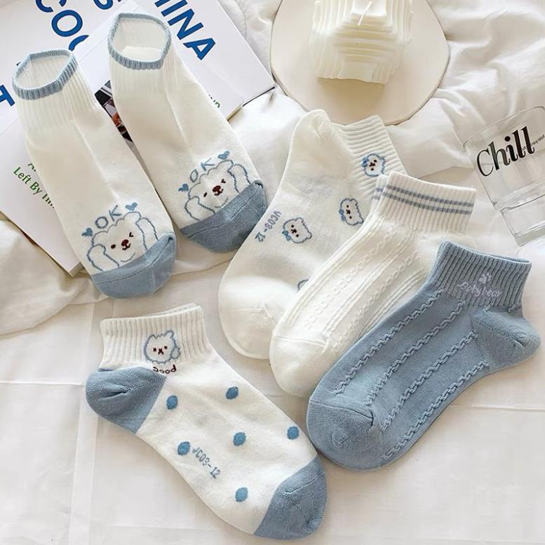 Set 5 Đôi Tất dệt kim xanh trắng hình cún Phong Cách Hàn Quốc Mẫu Myna Bra tt31