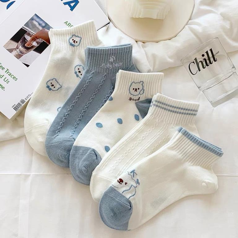 Set 5 Đôi Tất dệt kim xanh trắng hình cún Phong Cách Hàn Quốc Mẫu Myna Bra tt31