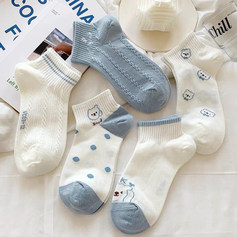 Set 5 Đôi Tất dệt kim xanh trắng hình cún Phong Cách Hàn Quốc Mẫu Myna Bra tt31