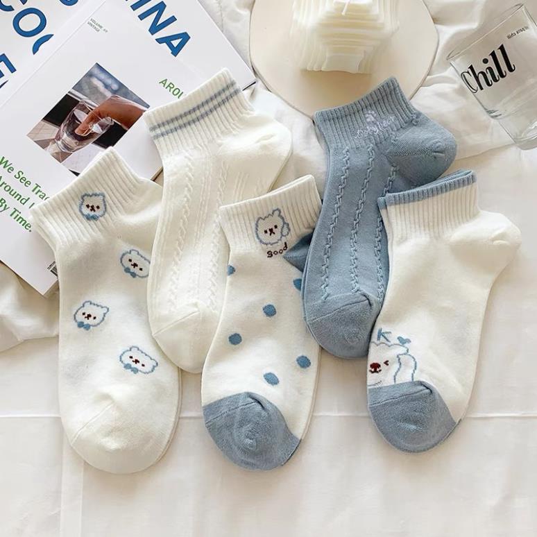 Set 5 Đôi Tất dệt kim xanh trắng hình cún Phong Cách Hàn Quốc Mẫu Myna Bra tt31