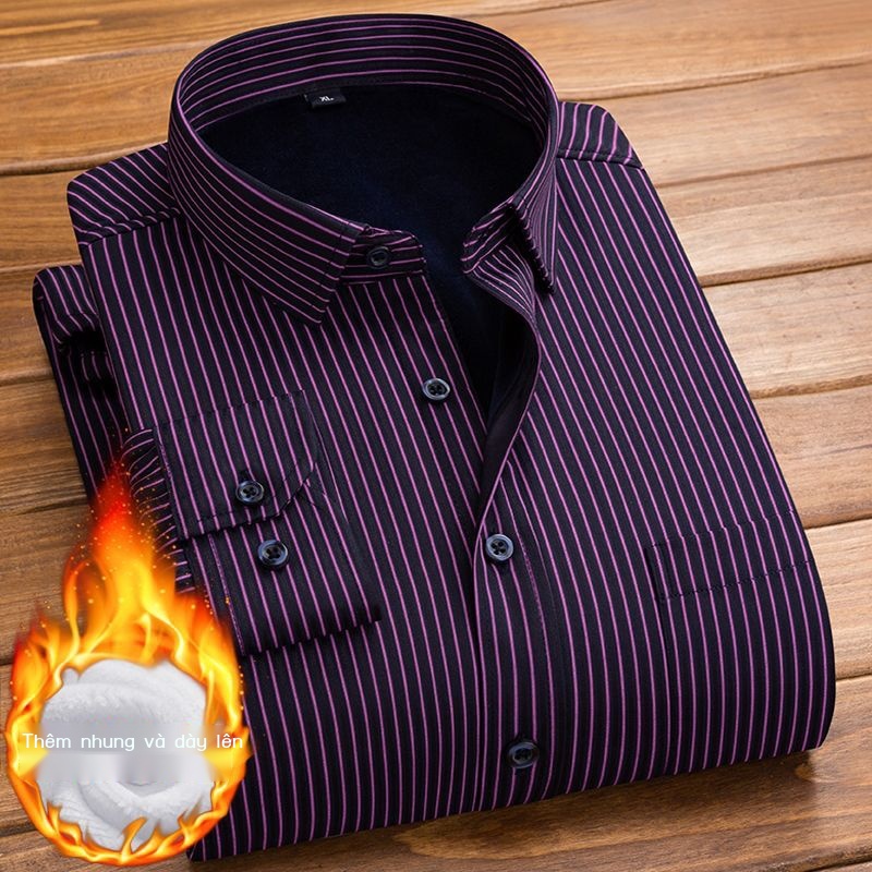 Áo Sơ Mi Tay Dài Lót Lông Cừu Dày Dặn Giữ Ấm Thời Trang Thu Đông Cho Nam Giới Độ Tuổi Trung Niên