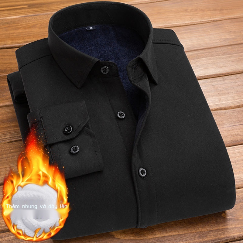 Áo Sơ Mi Tay Dài Lót Lông Cừu Dày Dặn Giữ Ấm Thời Trang Thu Đông Cho Nam Giới Độ Tuổi Trung Niên