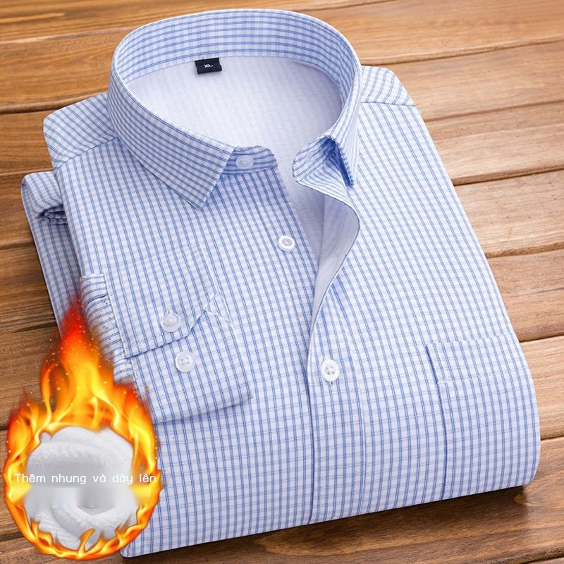 Áo Sơ Mi Tay Dài Lót Lông Cừu Dày Dặn Giữ Ấm Thời Trang Thu Đông Cho Nam Giới Độ Tuổi Trung Niên