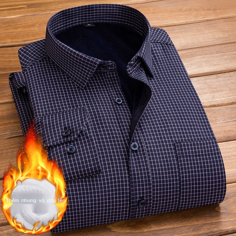 Áo Sơ Mi Tay Dài Lót Lông Cừu Dày Dặn Giữ Ấm Thời Trang Thu Đông Cho Nam Giới Độ Tuổi Trung Niên