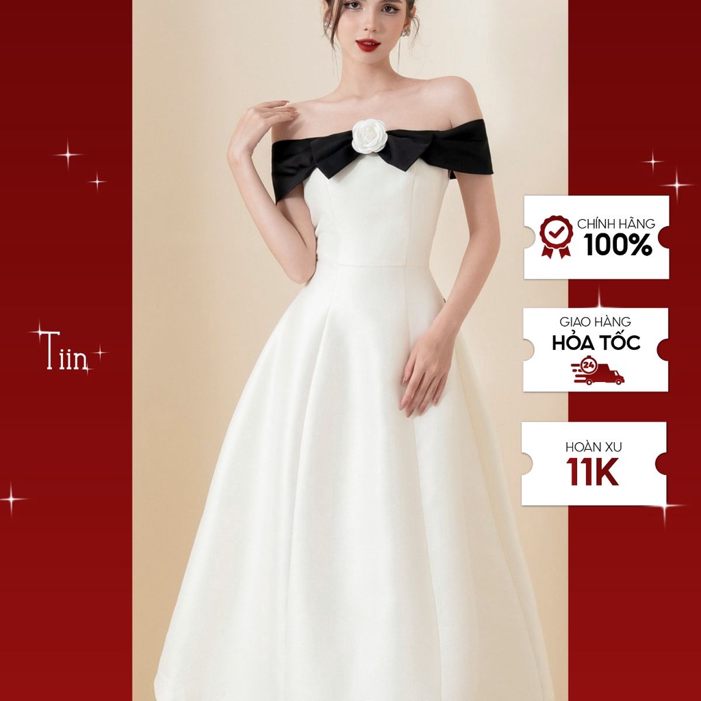 Váy nơ ngực đính hoa gấu lượn TIINSTORE VHN825