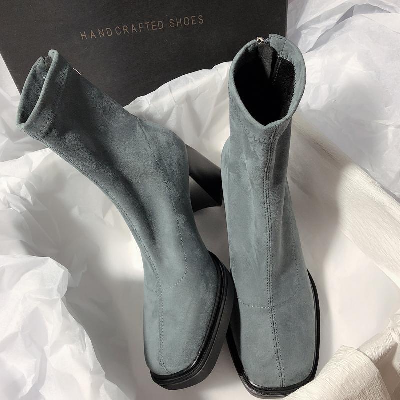 Giày Bốt Da Lộn Gót Dày Mũi Vuông Phối Khóa Kéo Sau Phong Cách Hàn Quốc Cho Nữ