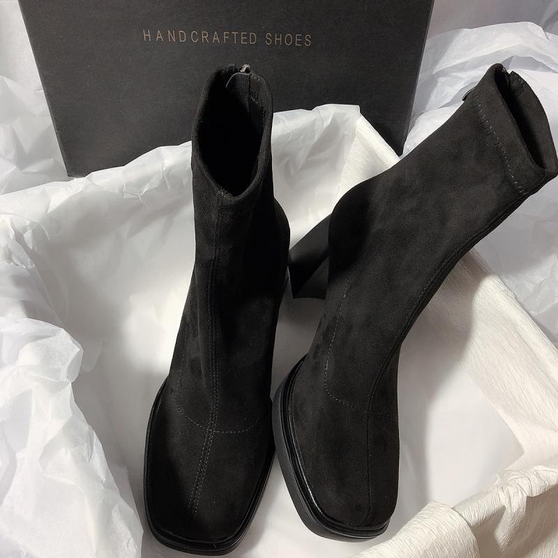 Giày Bốt Da Lộn Gót Dày Mũi Vuông Phối Khóa Kéo Sau Phong Cách Hàn Quốc Cho Nữ