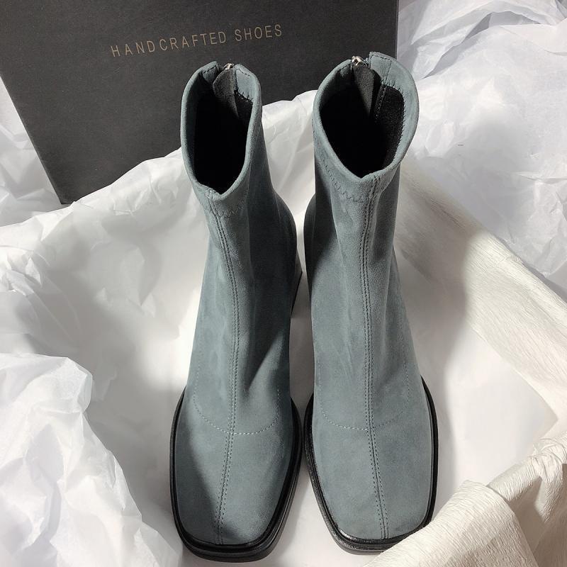 Giày Bốt Da Lộn Gót Dày Mũi Vuông Phối Khóa Kéo Sau Phong Cách Hàn Quốc Cho Nữ