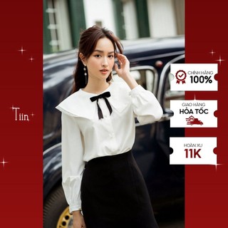 Áo sơ mi cổ sen nhọn phối ren kèm nơ tay măng sec TIIN STORE AHD382