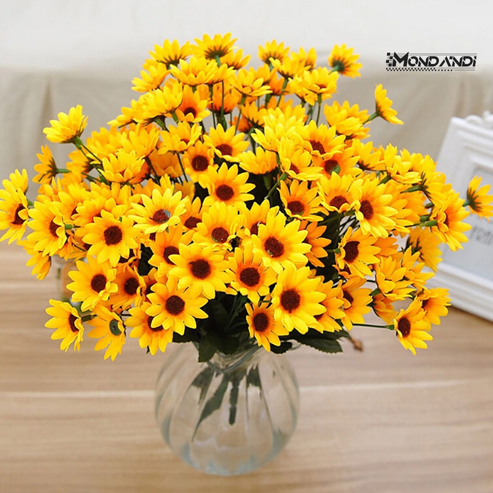 Mondandi  1 Bó Hoa Hướng Dương Nhân Tạo 15 Đầu 7 Nhánh Bằng Lụa Trang Trí Nhà Cửa