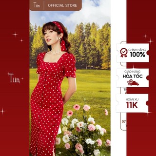 Váy chấm bi đỏ dáng a kèm đai eo tiin store v0t438